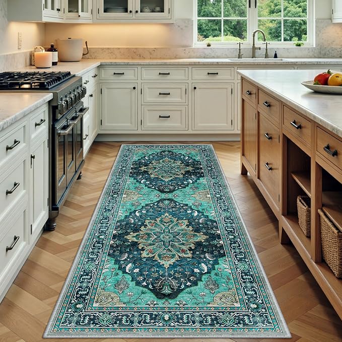 Area Rugs 3'x8' Washable Non-Slip, Floral Vintage Distress Print Pattern Medallion Carpet for Living Room Bedroom Dining Room, Teal Green Lake Blue Turquoise