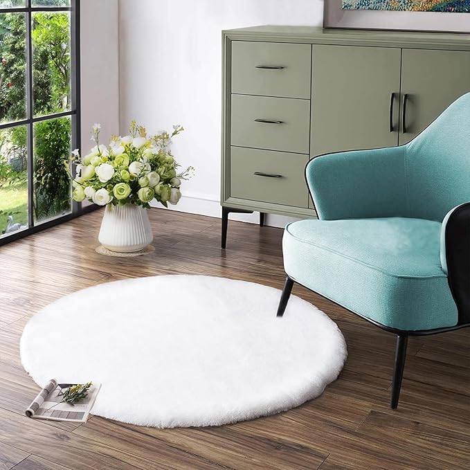 Latepis White Round Rug 4ft Faux Fur Fluffy Rug Faux Rabbit Circle Rugs for Living Room Bedroom Furry Washable Shag Rugs for Nursery Dorm Room Dorm