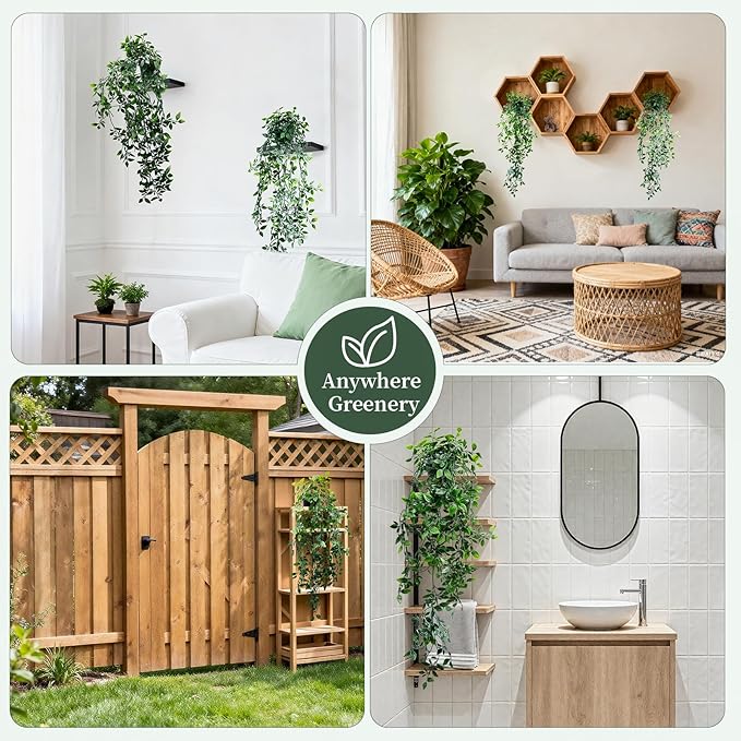 Artificial Hanging Plants for Shelf, Fake Potted Greenery 1-Pack Faux Mandala Vines in Black Pot, Décor for Office Living Room Bathroom Indoor Outdoor