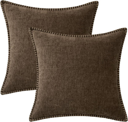 MIULEE Pack of 2 Couch Throw Pillow Covers 24x24 Inch Brown Farmhouse Decorative Pillow Covers with Stitched Edge Soft Chenille Solid Dyed Spring Pillow Covers for Sofa Bed Living Room