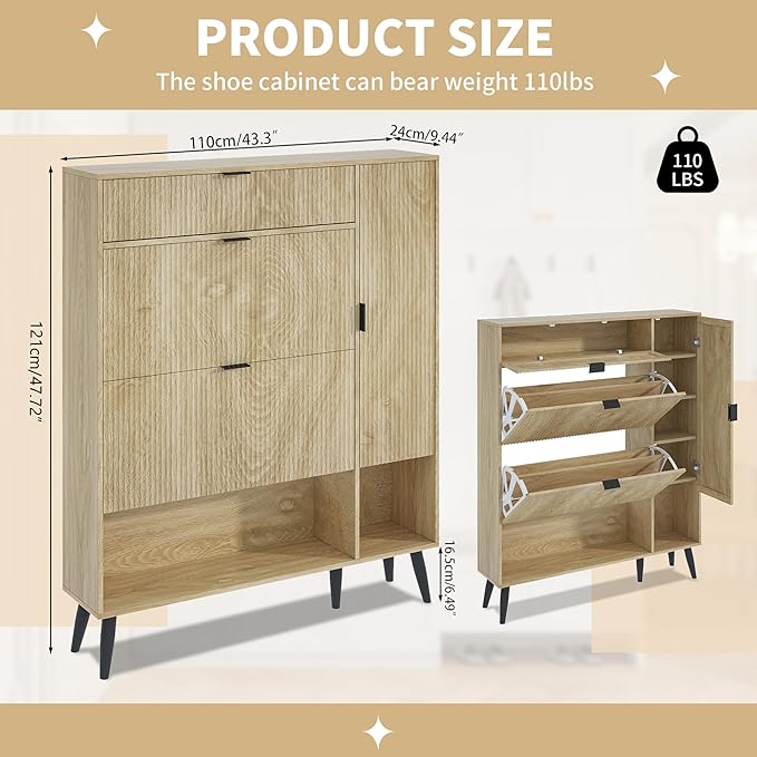 Shoe Storage Cabinet with 2 Flip Drawers, Narrow Shoe Cabinet for Entryway, Freestanding Slim Hidden Shoe Organizer Cabinet with Doors, Adjustable Shelf, Open Storage Space (Wood)
