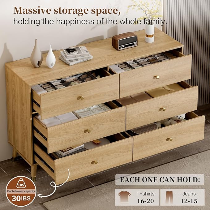 6 Drawer Dresser,47" Wide Mid Century Modern Chest of Drawers,Wooden Bedroom Drawer Dresser with 6 Storage Drawers for Bedroom,Living Room,with Anti-Tipping Device,Wood
