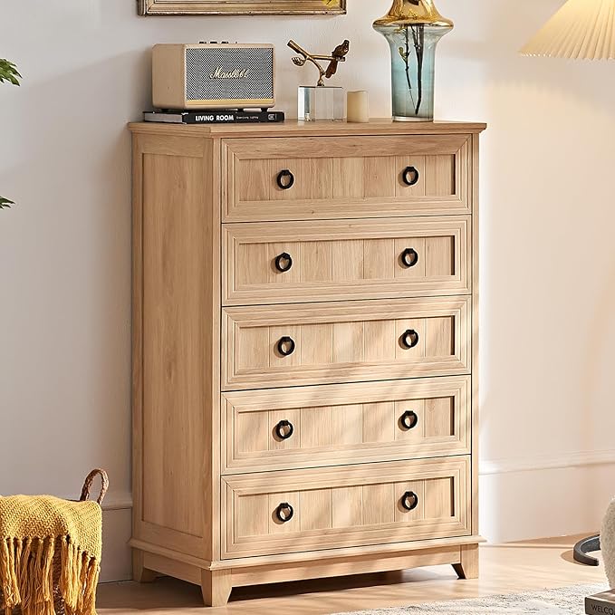 Farmhouse 5 Drawer Dresser for Bedroom Set of 2, 42" Tall Small Dressers & Chest of Drawers, Rustic Wood Dresser with Metal Handle, Storage Organizer Closet for Living Room, Hallway,Entryway