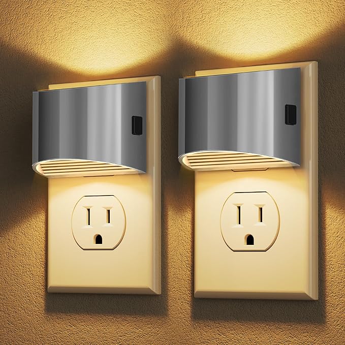DORESshop LED Night Light[2 Pack], Night Lights Plug into Wall, 3 Level Brightness Adjustable Plug in Night Light, Dusk to Dawn Sensor Nightlights for Adults,Bedroom,Hallway,3000K -Chrome Cover
