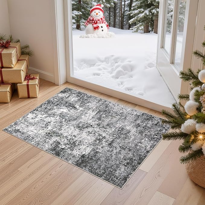 2x3 Entryway Area Rug: Washable Neutral Modern Abstract Small Rug - Non-Slip Low Pile Throw Indoor Carpet for Entrance Kitchen Front Door Mat Bathroom Entry Kids Room - Grey
