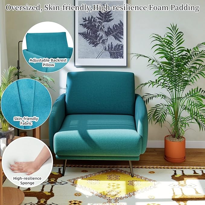 Oversized Accent Chair for Living Room Cozy Reading Chairs Mid-Century Modern Accent Chairs Armchair with Metal Legs Single Sofa Chair for Home Office (1-PCS, Velvet Fabric- Lake Blue)