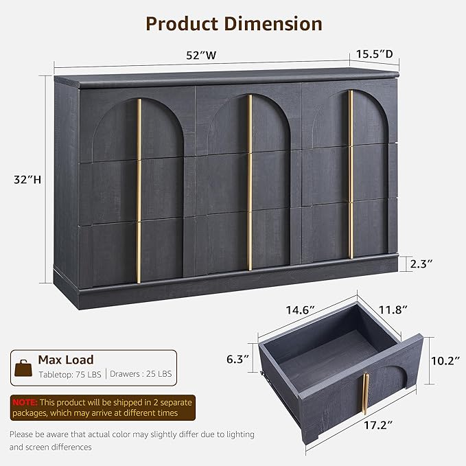 ACCOHOHO Arched Dresser for Bedroom with 9 Drawers, 52" Wide Modern Chest of Drawers with Rounded Edge & Metal Handles, Wood Storage Closet Dressers TV Stand for Living Room, Hallway, Black