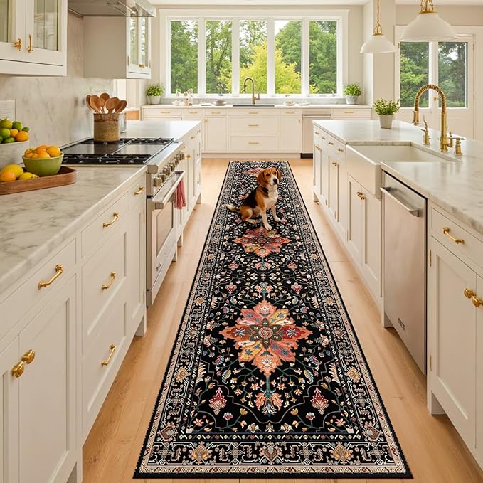 Area Rugs 2'x10' Washable Non-Slip, Floral Vintage Distress Print Pattern Medallion Carpet for Living Room Bedroom Dining Room, Black Colorful Floral Dark Tan