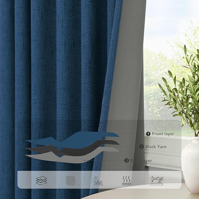 Navy Blue Black Out Curtains 96 Inches Long 2 Panels Linen Textured Blackout Window Treatment Drapes Living Room Darkening Thermal Patio Sliding Glass Door Curtains for Bedroom Dark Indigo 96 Length