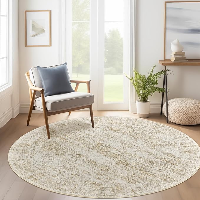 6x6 Beige Round Rug 6ft Living Room Circle Rug Vintage Round Area Rug Non Slip Indoor Carpet for Dining Room Bedroom
