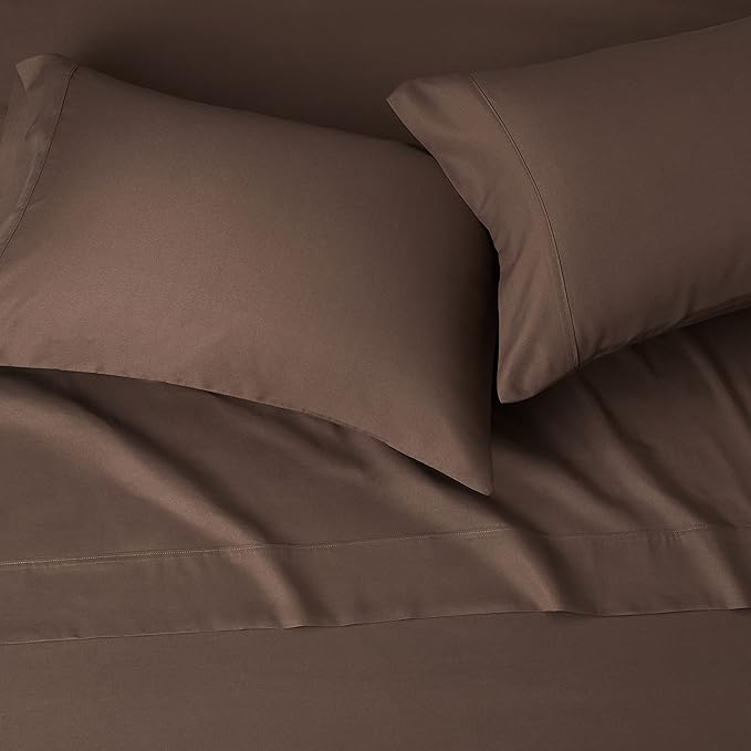 Amazon Basics Lightweight Super Soft Easy Care Microfiber 4 Piece Bed Sheet Set With 14-inch Deep Pockets, King, Chocolate, Solid