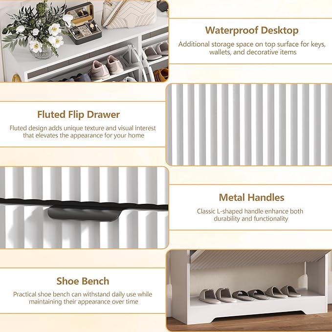 Shoe Cabinet Storage for Entryway with 2 Flip Drawers, White Fluted Shoe Cabinet with Open Storage, Wooden Hidden Shoe Rack Freestanding Narrow Slim Shoes Organizer for Hallway, Entrance