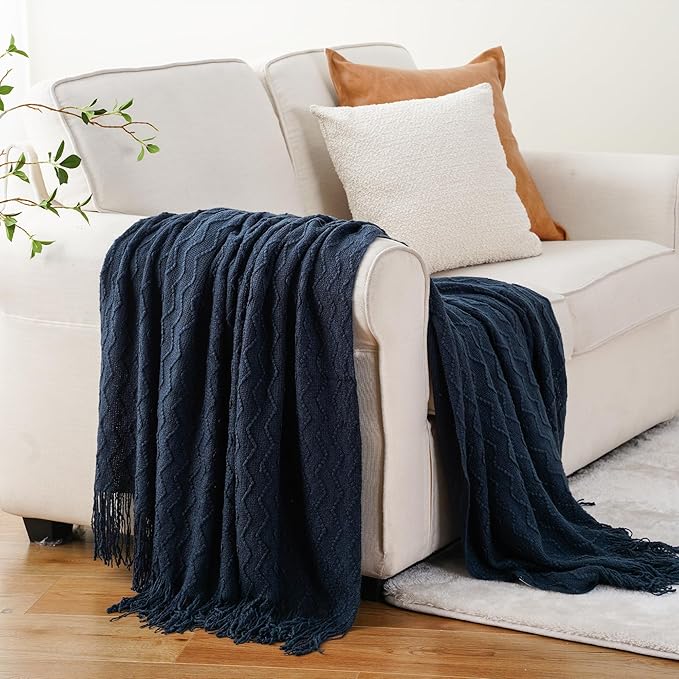 BATTILO HOME Navy Blue Throw Blanket for Couch, Textured Soft Navy Throw, Decorative Knitted Navy Blanket Throw for Sofa Bed Living Room, 50"x60"