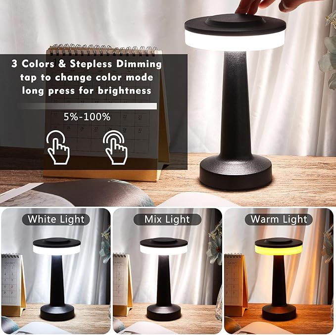 VIHOSE Cordless Table Lamps LED Portable Rechargeable Table Lamp with Touch Sensor 3 Color Dimming up to 15 Hours Battery Desk Light for Restaurant Nursery Living Room(Black,8 Pcs)