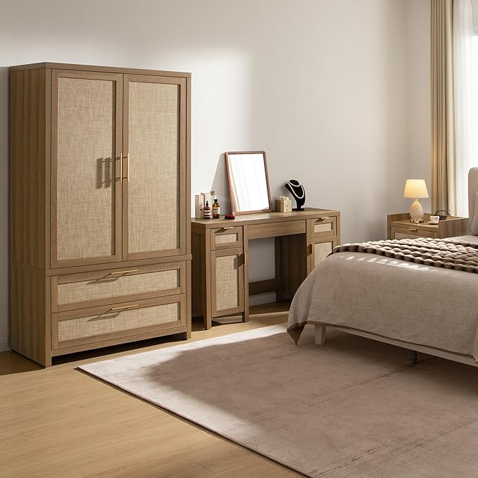 SICOTAS Rattan Armoire Wardrobe Closet Cabinet, 71" Tall Wardrobe Storage Cabinet with 2 Drawers and Hanging Rod, Boho Large-Capacity Deep Armoire Clothes Organizer for Bedroom, Cloak Room, Oak