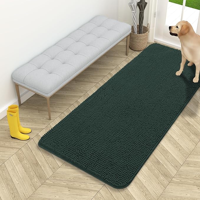 OLANLY Dog Door Mat for Muddy Paws 54x24, Absorbs Moisture and Dirt, Absorbent Non-Slip Washable Doormat, Quick Dry Chenille Mud Mat, Entry Indoor Entryway Carpet for Inside Floor, Blackish Green
