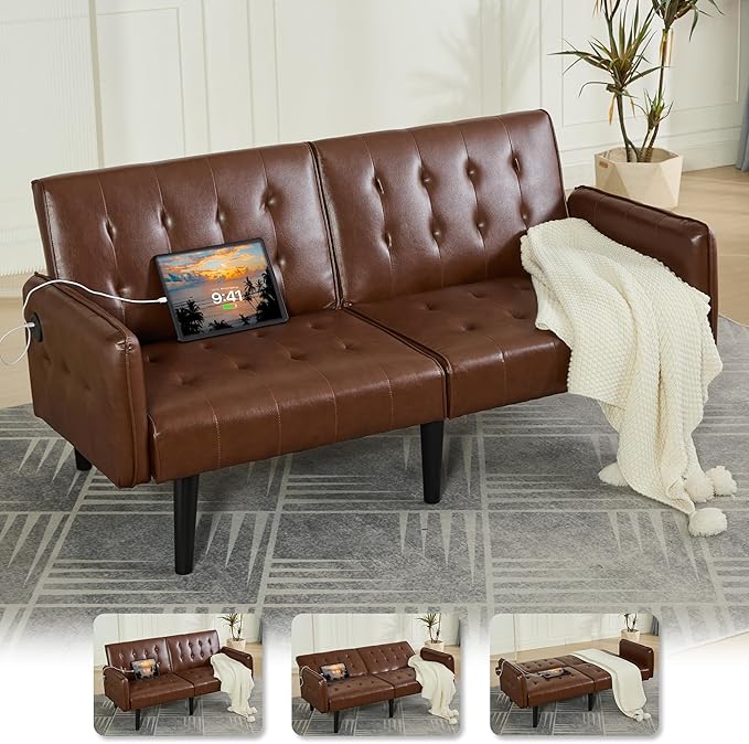 TYBOATLE 65“ Convertible Futon Sofa Bed w/ 2 USB,Tufted Small Adjustable Folding Couch Loveseat, Modern Mid Century Faux Leather Sleeper Sofa for Living Room, Bedroom,Office, Brown