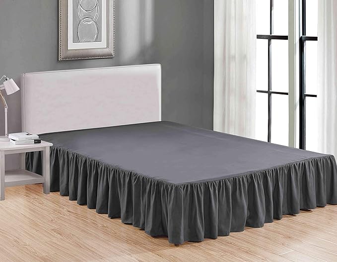 Sheets & Beyond Wrap Around Solid Microfiber Luxury Hotel Quality Fabric Bedroom Gathered Ruffled Bedding Bed Skirt 14 Inch Drop (Queen, Charcoal)