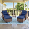 Belord 5 Piece Wicker Patio Furniture Set with Ottoman - High Back Outdoor Swivel Rocker Glider Chairs with Glass Top Side Table,28D High-Density 6" Removable Blue Cushion for Deck Porch Backyard