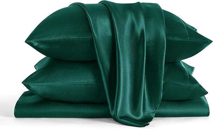 Bedsure Satin Sheets King Size - 4 Piece Silky Bedsheets with 15 Inches Deep Pocket Fitted Bedsheet,1 Flat Sheet, 2 Satin Pillowcases, Good for Hair & Skin (King, Dark Green)