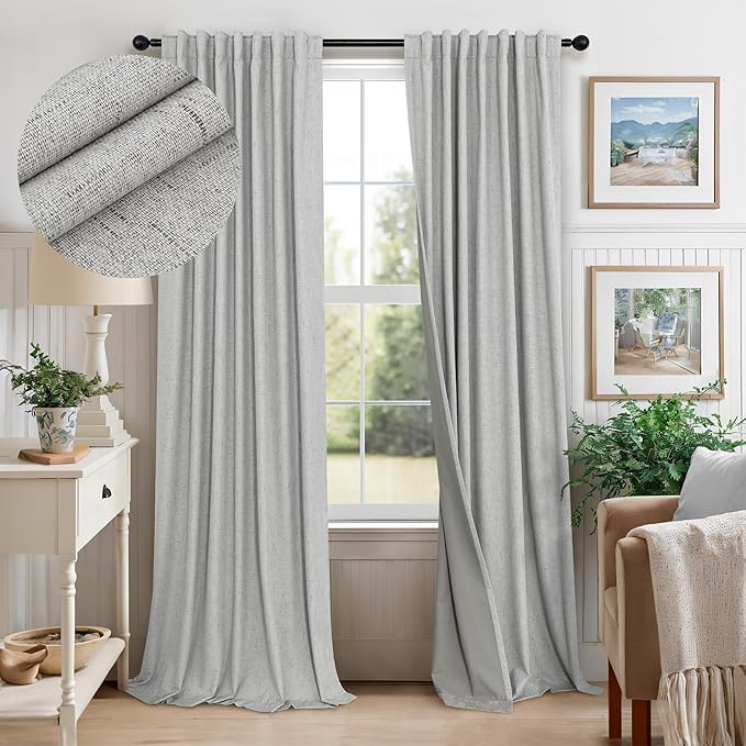 Gray Room Darkening Curtains 96 Inches Long for Living Room 2 Panels Faux Linen Back Tab Pleated Puddle Length Thermal Insulated Medium Gray Light Weight Blackout Curtains for Bedroom 8ft Light Grey