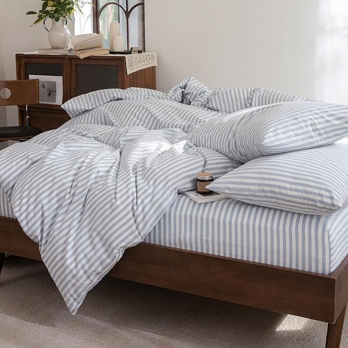 FOSSA Striped Duvet Cover Set 100% Washed Cotton Linen Feel Super Soft Breathable Cozy 3 Pieces Bedding Sets Cornflower Blue White Classic Stripes Queen