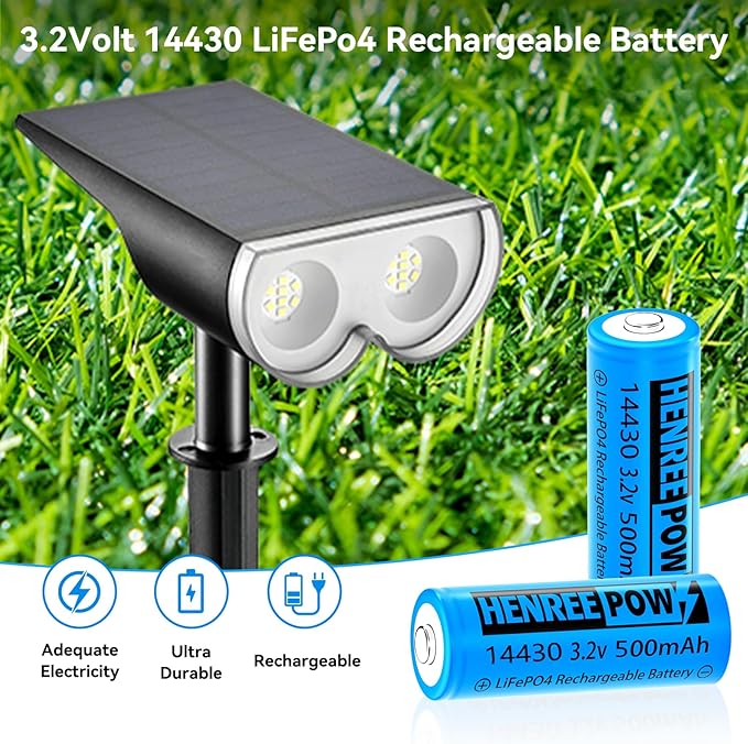Henreepow LiFePo4 Battery 14430, 3.2v Rechargeable Solar Batteries, 500mAh LiFePo4 Battery for Outdoor Solar Garden Lights, Shaver, Flashlight, Toothbrush (6pack-Not AA Size)