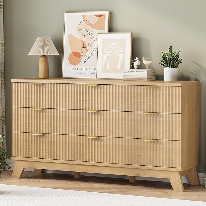 Fluted Dresser for Bedroom with 9 Drawers, 57" Wide Modern Chest of Drawers with Metal Handle, Wooden Dresser TV Stand, Wood Closet Clothes Storage Organizer for Living Room, Hallway, Natural Oak