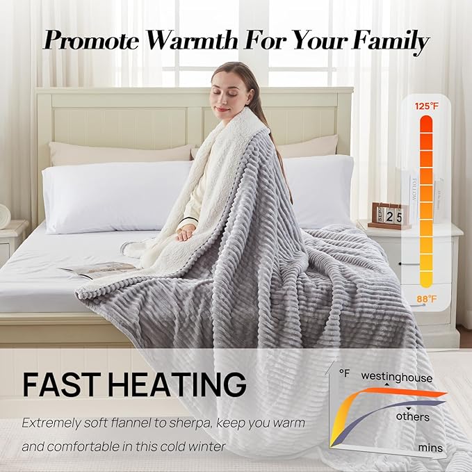 Westinghouse Electric Blanket Twin, Soft Ribbed Flannel to Sherpa Heated Blanket with 10 Heating Levels & 1-12 Hours Auto Shut Off, Fast Heating & Machine Washable, 62x84 Inch, Light Grey