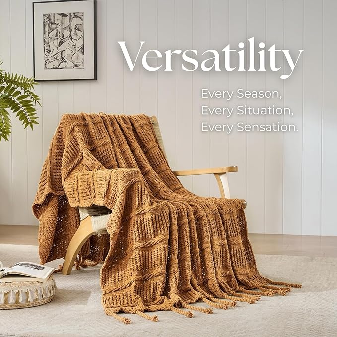 Boho Knitted Chenille Blanket with Tassels - Lightweight & Soft All-Season Throw - 3D Classic Pattern for Living Room Bedroom Couch, Amber Brown, King 90"x108"