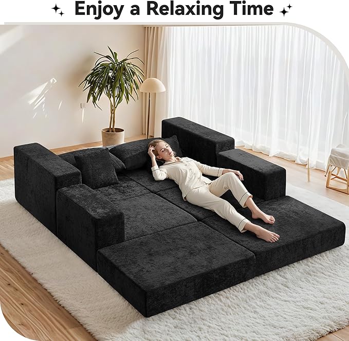 Boneless Modular Sectional Loveseat Couch with Ottoman, Convertible Floor Sleeper Sofa Bed, Comfy Foldable Compression Love Seat Sofa for Living Room, No Assembly, Black