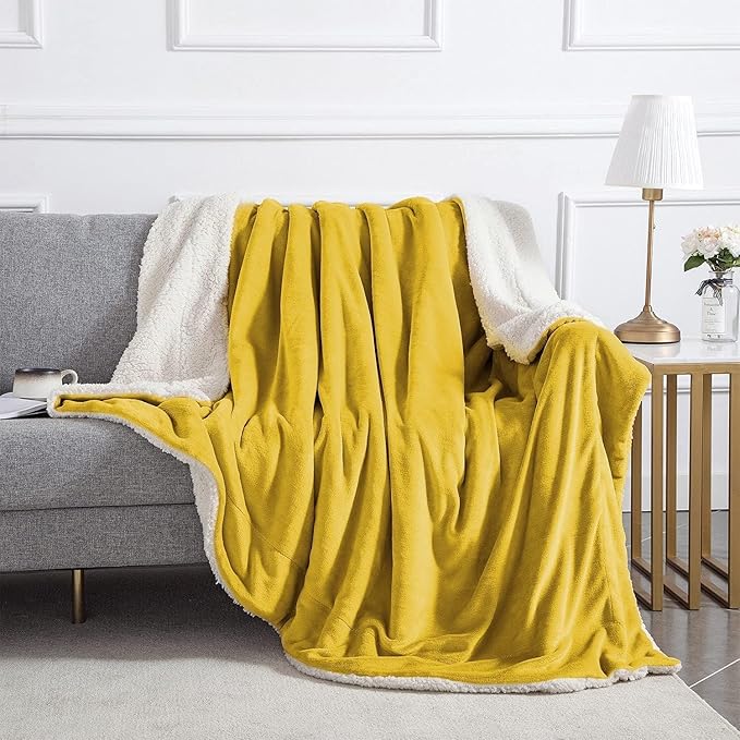 IR Imperial Rooms Gold Sherpa Fleece Throw Blanket for Bed - Wholesale Bulk Pack of 16 Sherpa Blankets - Soft Fluffy Throw Blankets for Hotels, Guest Bedroom (Yellow, 50x60 Inches)