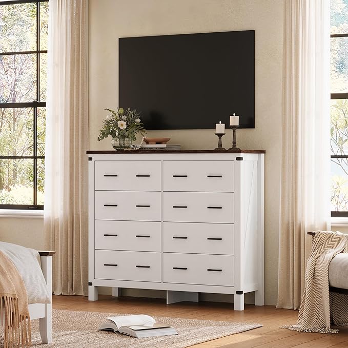 LINSY HOME Farmhouse 8 Drawer Double Dresser for Bedroom, 50” Wide Rustic Wood Chest with Deep Drawers, Modern Dressers with Storage and Metal Handles for Closet, Living Room, Hallway, Off White