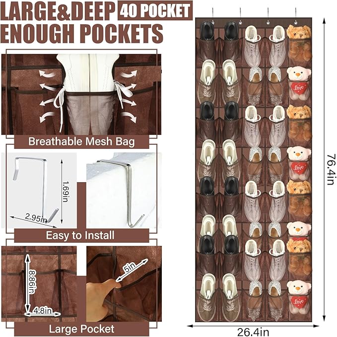 Windyun 40 Over the Door Shoe Organizer Large Breathable Mesh Pockets Hanging Shoe Rack for Closet Brown Behind Door Hanger Storage Holder Nonslip Hooks for Women Men Entryway Bedroom Utility Room