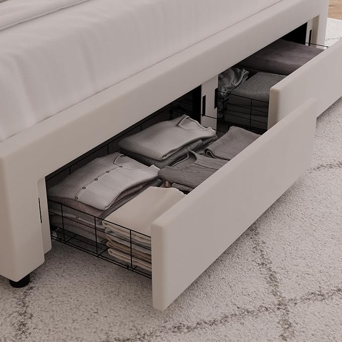 HITHOS Full Upholstered LED Bed Frame with 2 Storage Drawers, Velvet Platform Bed with Wingback Headboard, Solid Wooden Slats Support, No Box Spring Needed, Headboard Splicing Design, Beige