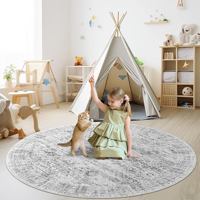 8x8 Grey Round Rug 8ft Living Room Circle Rug Vintage Round Area Rug Non Slip Indoor Carpet for Apartment