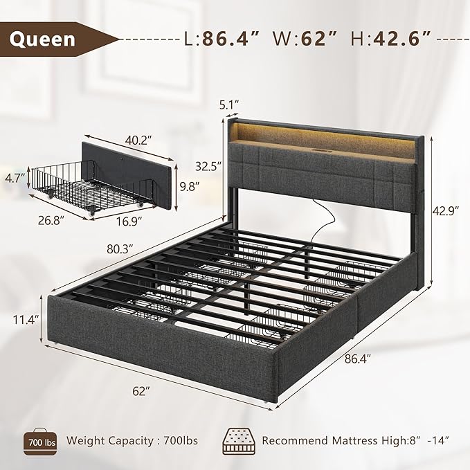 Forestell Queen Bed Frame with Headboard, Grey Upholstered Platform Bed with 4 Storage Drawers, Built-in LED Lights & Charging Station, Metal Slats Support, No Box Spring Needed, Cama Queen Size