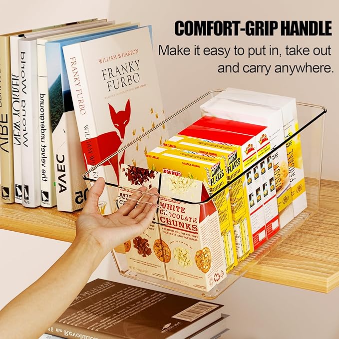 Set of 8 Clear Plastic Storage Bins, 6 Large +2 Small Pantry Organizers and Storage Containers for Kitchen Organization, Home Storage Essentials for Office, Closet, Garage, Freezer& Bathroom