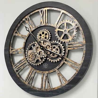 The Gears Clock The Original Real Moving Gear Wall Clock Vintage Industrial Oversized Rustic Farmhouse (24 inch (60cm), Vintage Black Wood and Bronze)