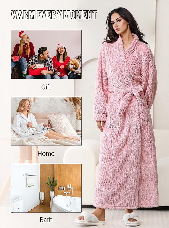 Artfasion Womens Long Fleece Robe - Warm Soft Floor Length Flannel Bathrobes for Winter Thicker Long House Coat with Pockets
