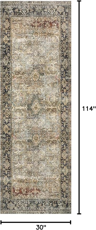 Loloi Layla Collection LAY-03 Olive/Charcoal 2'-6" x 9'-6" .13" Thick Runner Rug, Soft, Durable, Vintage Inspired, Distressed, Low Pile, Non-Shedding, Easy Clean, Printed, Living Room Rug