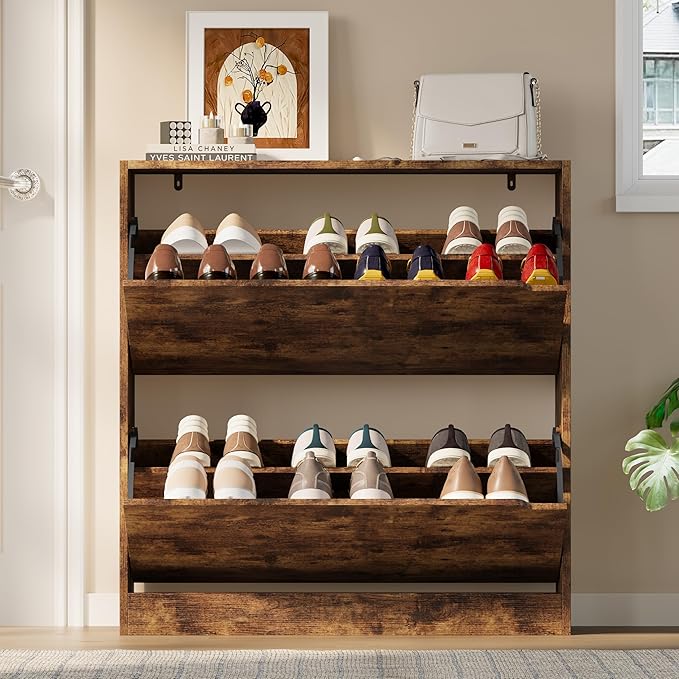 Shoe Cabinet with 2 Flip Drawers, Slim Narrow Shoe Storage Cabinet, Freestanding Shoe Organizer with Adjustable & Removable Shelves, Top Display Shelf for Entryway, Hallway, Foyer, Closet
