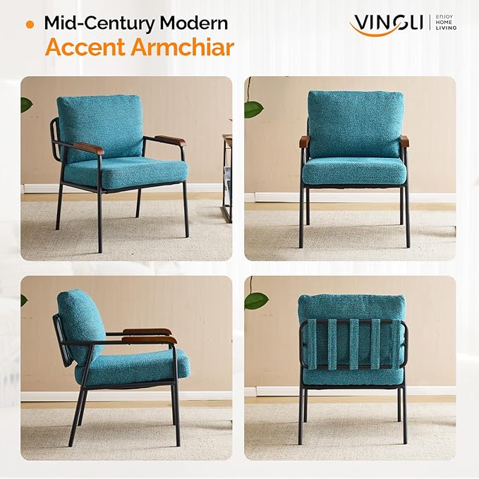 VINGLI Mid-Century Modern Accent Armchiar for Small Space, Small Comfy Upholstered Leisure Reading Chair with Wood Armrest for Bedroom, Living Room, Waiting Room, Linen Teal