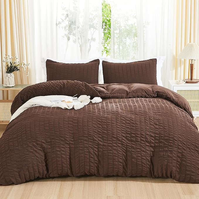 AveLom Brown Duvet Cover Full(80 x 90 inches), 3 Pieces (1 Duvet Cover, 2 Pillow Cases),Seersucker Tripe Soft Washed Microfiber Textured Duvet Cover Set with Zipper Closure, Corner Ties