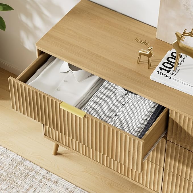 LYNSOM 55" Wide Fluted Dresser for Bedroom with 6 Drawer, Modern Chest of Drawers with Curved Profile Design and Metal Handles, Wood Dresser TV Stand & Storage Organizer for Living Room, Oak