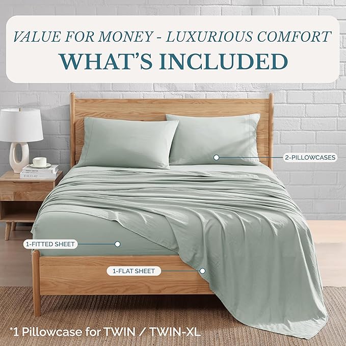 Casa Platino Twin Size Sheets Set – Pre-Washed Bedding, Ultra Soft & Cozy, 3 Piece Set, Fade-Resistant Sheet Set Twin, Brushed Durable Microfiber Sheets with Deep Pockets – Mineral