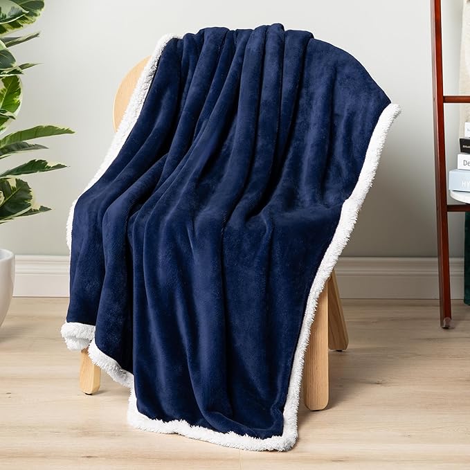 PAVILIA Sherpa Fleece Throw Blanket for Couch, Navy Blue, Plush Soft Fuzzy Sofa Blanket, Cozy Reversible Winter Throw for Women Men, 50x60 Inches