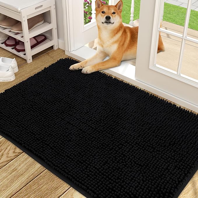 OLANLY Dog Door Mat for Muddy Paws 50x30, Absorbs Moisture and Dirt, Absorbent Non-Slip Washable Doormat, Quick Dry Chenille Mud Mat for Dogs, Entry Indoor Entryway Carpet for Inside Floor, Black