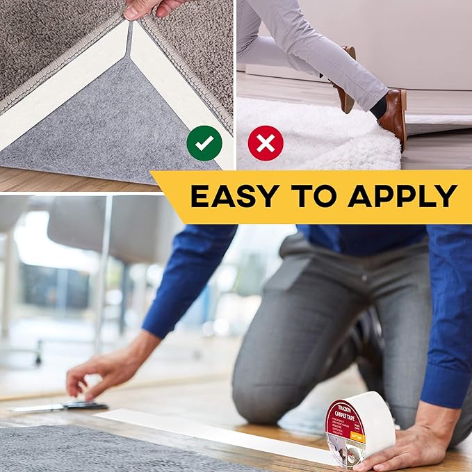 Carpet Tape Double Sided - Rug Tape Grippers for Hardwood Floors and Area Rugs - Carpet Binding Tape Strong Adhesive and Removable, Heavy Duty Stickers Grip Tape, Residue Free (2 Inch / 15 Yards)