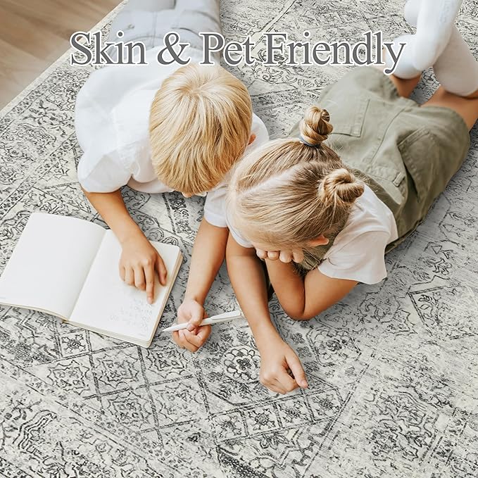5x7 Area Rugs Grey Low Pile Indoor Washable Trendy Faded Style Floral Rugs for Bedroom Living Room Dining Room Foldable Non-Slip Thin Print Mat